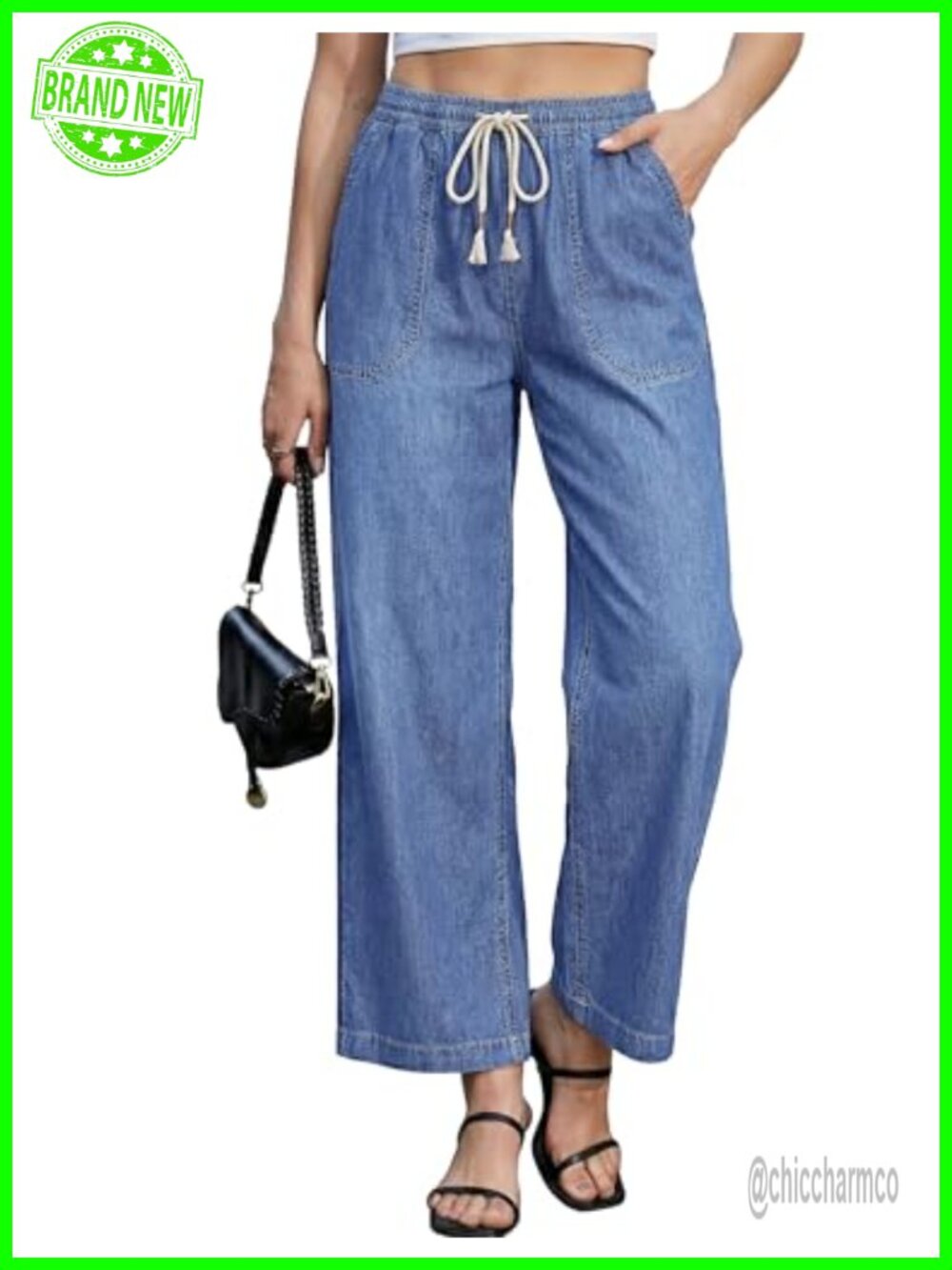 High Waisted Wide Leg Pull On Jeans Elastic Waist Drawstring Denim Trousers
